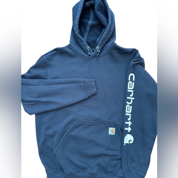 Carhartt Men’s Navy Blue Hoodie Size Large Carhartt Spellout Sleeve Work Wear - Picture 1 of 8